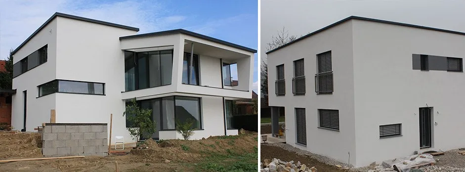 Moderne weiße Fassade aus zwei Blickwinkeln